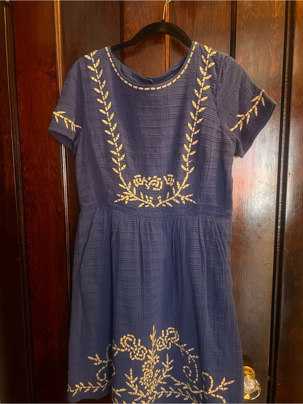Lucky Brand Navy Blue Short-Sleeve Embroidered Dress